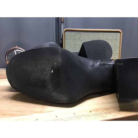 Women's Elie 9M Black Leather Side Zip High Heel Square Toe Platform Ankle Boots - Picture 6 of 9